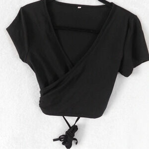 Wrap Crop Top Tie Back V Neck‎ Short Sleeve Blouse Black Size M